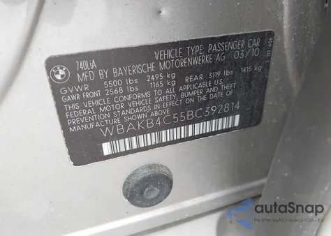 2011 BMW 740Li from USA, damaged, VIN WBAKB4C55BC392814